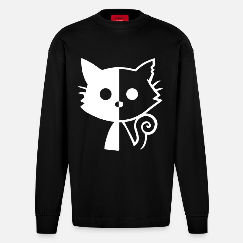 Chat yin et yang (blanc) - Manches longues bio épais oversize fabriqué en UE - SOLID BLACK