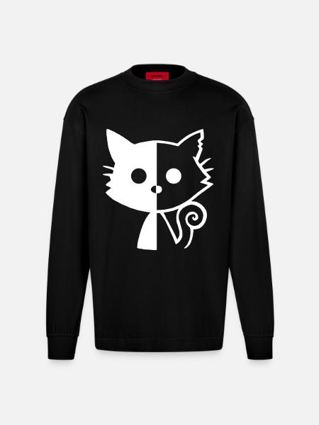 White Kitten Yin and Yang - Heavyweight Oversized Organic Longsleeve Shirt Made in EU - SOLID BLACK