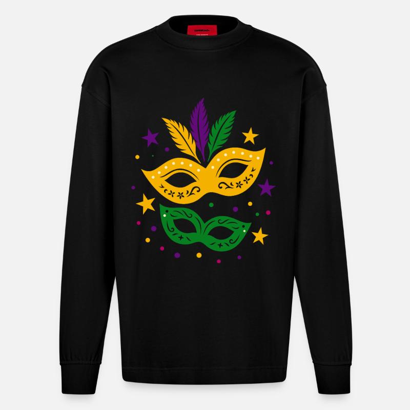Karneval Masken mit Sternen & bunten Federn - Heavyweight Oversized Organic Langarmshirt Made in EU - SOLID BLACK