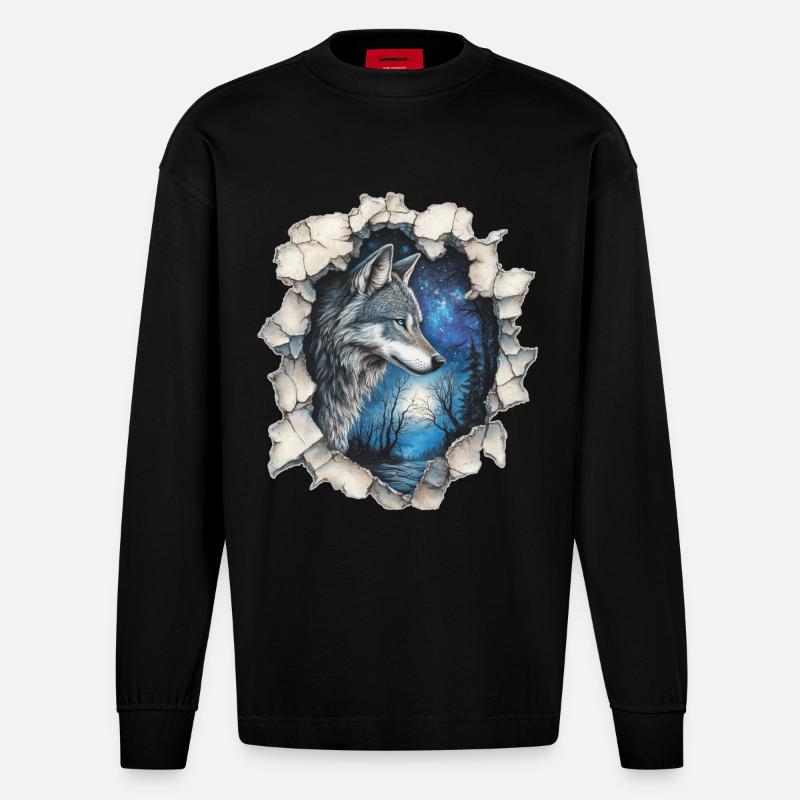Wolf mit Sternen - Heavyweight Oversized Organic Langarmshirt Made in EU - SOLID BLACK