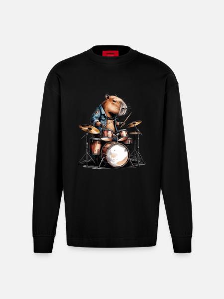 Cool Capybara Playing Drums - Heavyweight Oversized Organic Longsleeve Shirt Made in EU - SOLID BLACK
