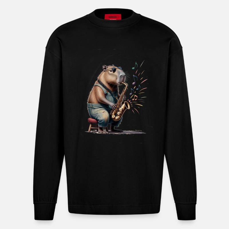 Saxophone jouant du capybara - Manches longues bio épais oversize fabriqué en UE - SOLID BLACK