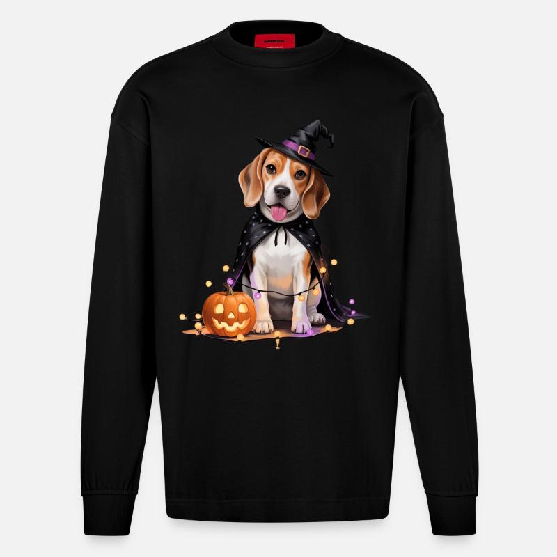 Beagle Hund Halloween - Heavyweight Oversized Organic Langarmshirt Made in EU - SOLID BLACK