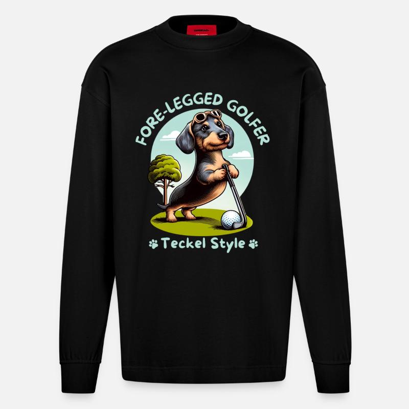 Dackelliebhaber Geschenkidee. Dackel Golfer - Heavyweight Oversized Organic Langarmshirt Made in EU - SOLID BLACK