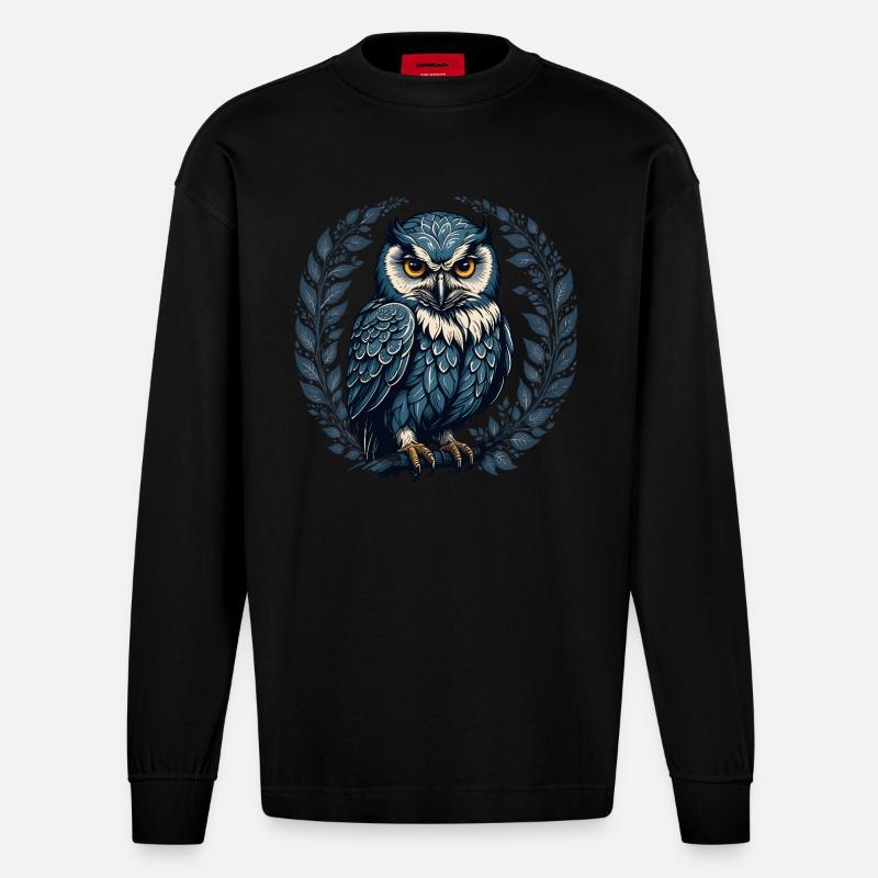 Eule in blau - Heavyweight Oversized Organic Langarmshirt Made in EU - SOLID BLACK