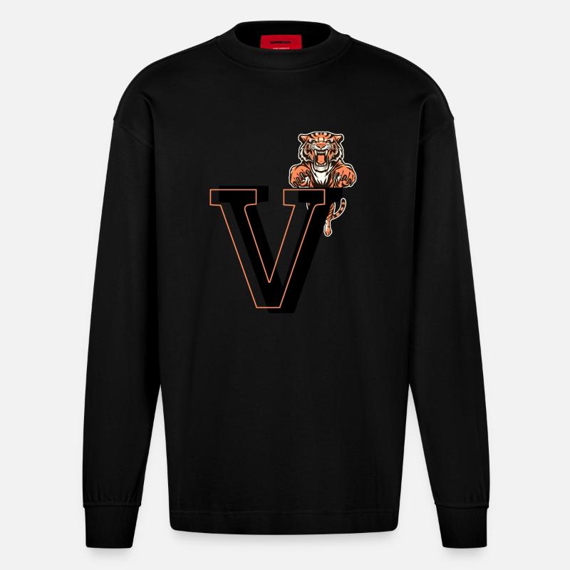 Buchstabe v Tiger - Geschenkidee - Heavyweight Oversized Organic Langarmshirt Made in EU - SOLID BLACK