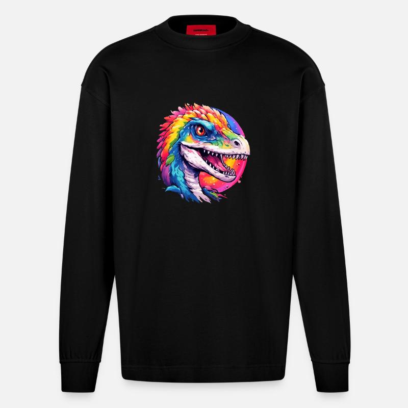 regenbogen dino - Heavyweight Oversized Organic Langarmshirt Made in EU - SOLID BLACK