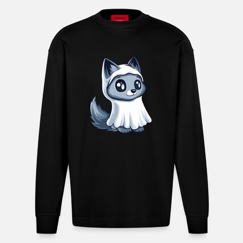 Wolf Halloween Lustig Geist - Heavyweight Oversized Organic Langarmshirt Made in EU - SOLID BLACK