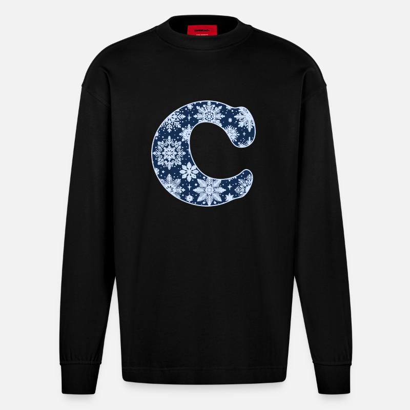 Buchstabe C Schneeflocken - Heavyweight Oversized Organic Langarmshirt Made in EU - SOLID BLACK