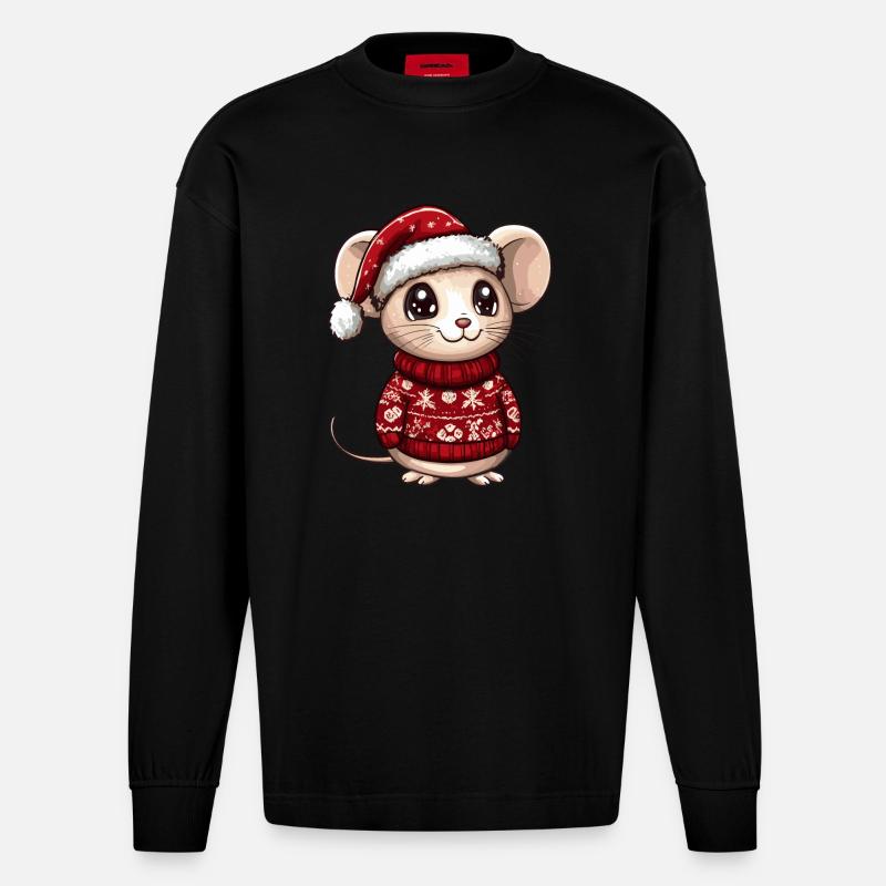 Maus Weihnachten Comic - Heavyweight Oversized Organic Langarmshirt Made in EU - SOLID BLACK