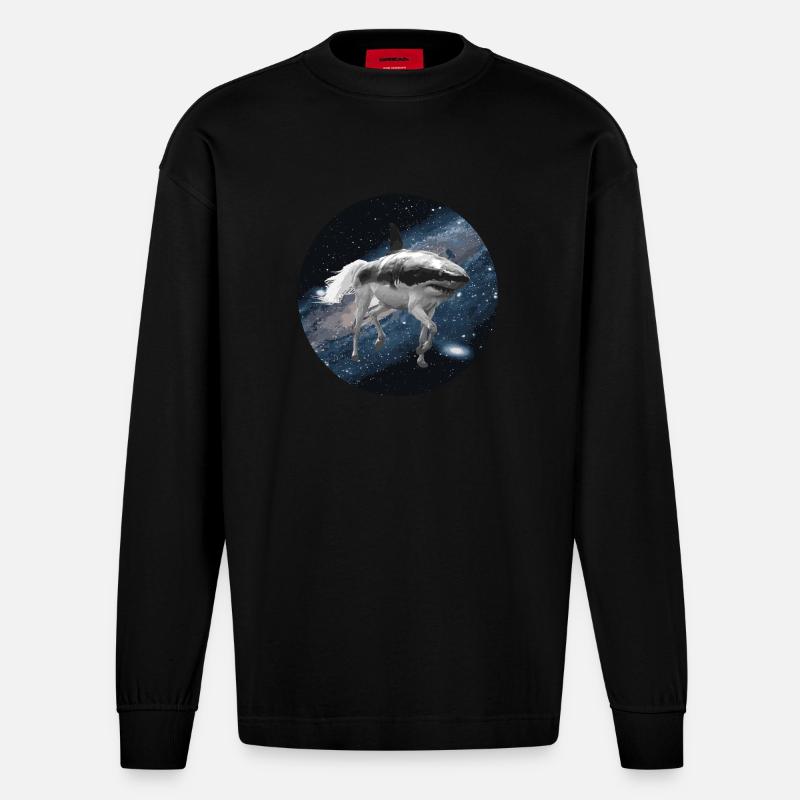 Cheval de requin dans l'espace - Manches longues bio épais oversize fabriqué en UE - SOLID BLACK