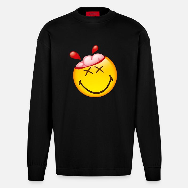 Smiley Glossy Happy Brain - Heavyweight Oversized Organic Langarmshirt Made in EU - SOLID BLACK