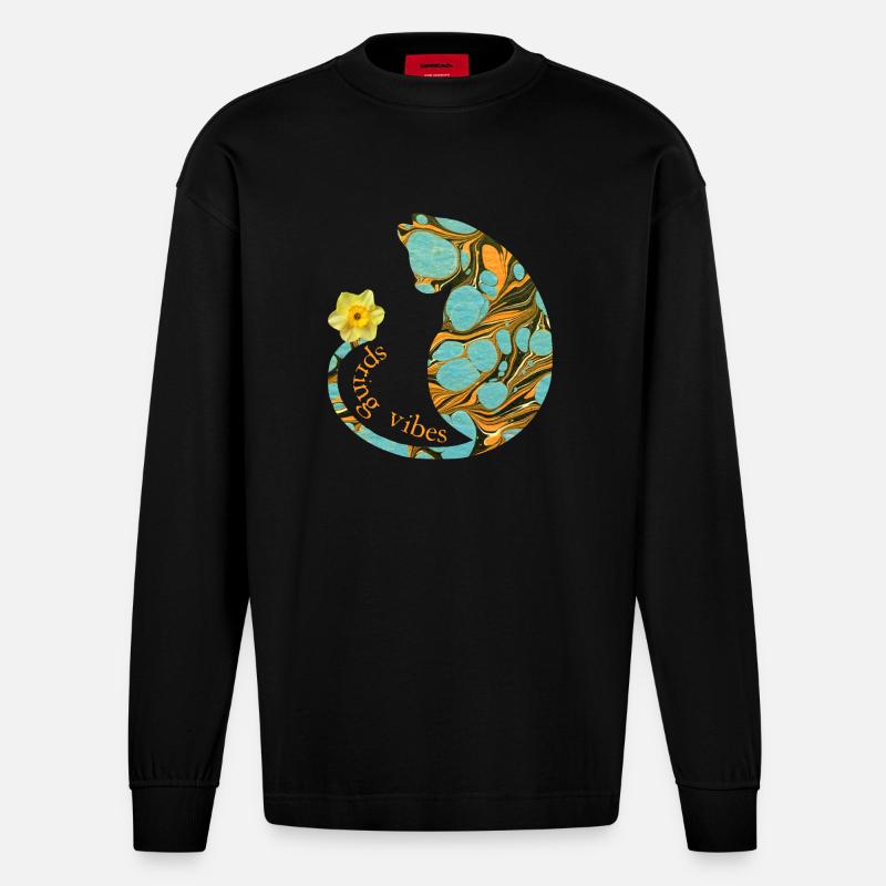 Chat avec fleur E 204 - Manches longues bio épais oversize fabriqué en UE - SOLID BLACK