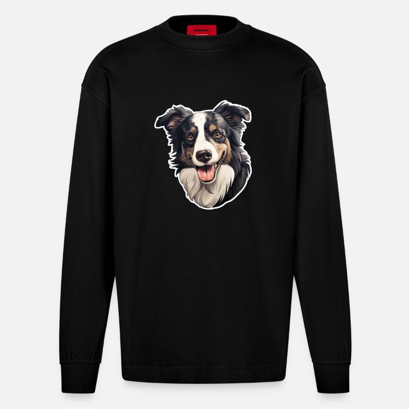 Tête de Border Collie - Manches longues bio épais oversize fabriqué en UE - SOLID BLACK