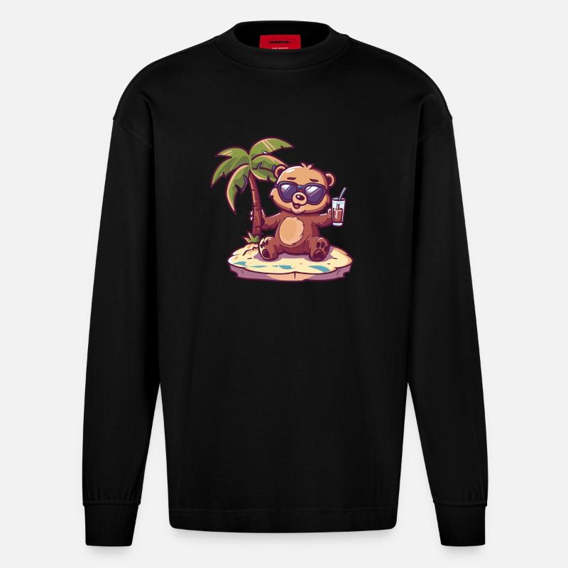 Bär Sommer Strand Comic - Heavyweight Oversized Organic Langarmshirt Made in EU - SOLID BLACK