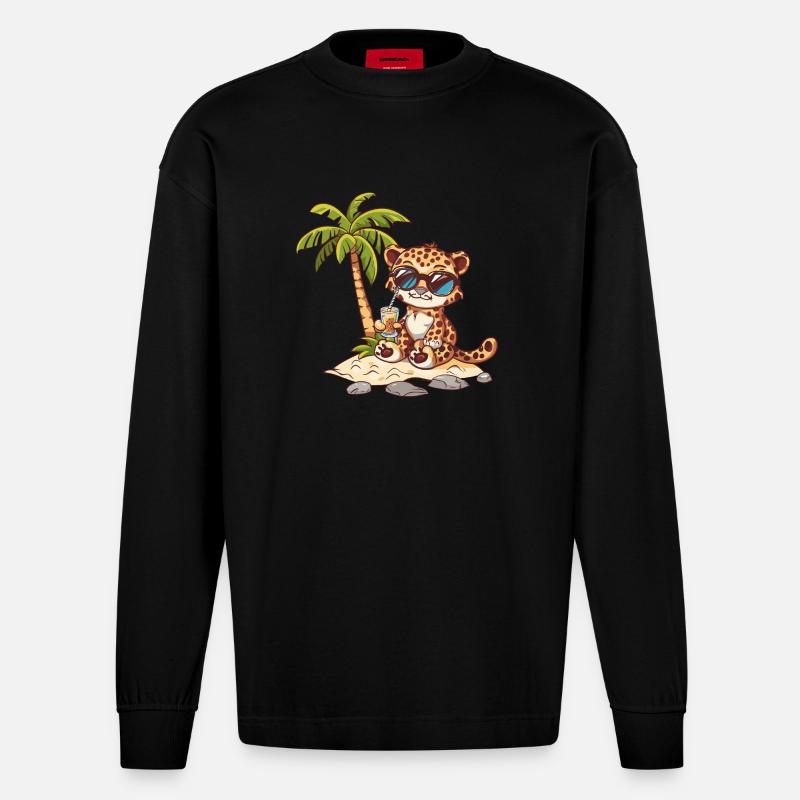 Leopard Summer Beach Comic - Heavyweight Oversized Organic Longsleeve Shirt Made in EU - SOLID BLACK