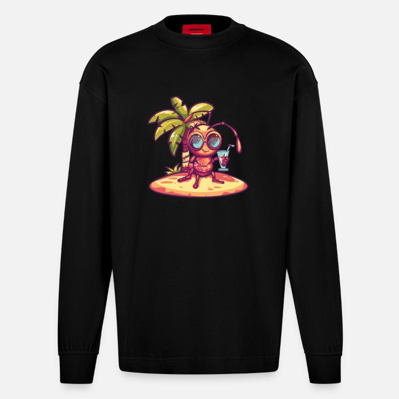 Ameise Sommer Strand Comic - Heavyweight Oversized Organic Langarmshirt Made in EU - SOLID BLACK