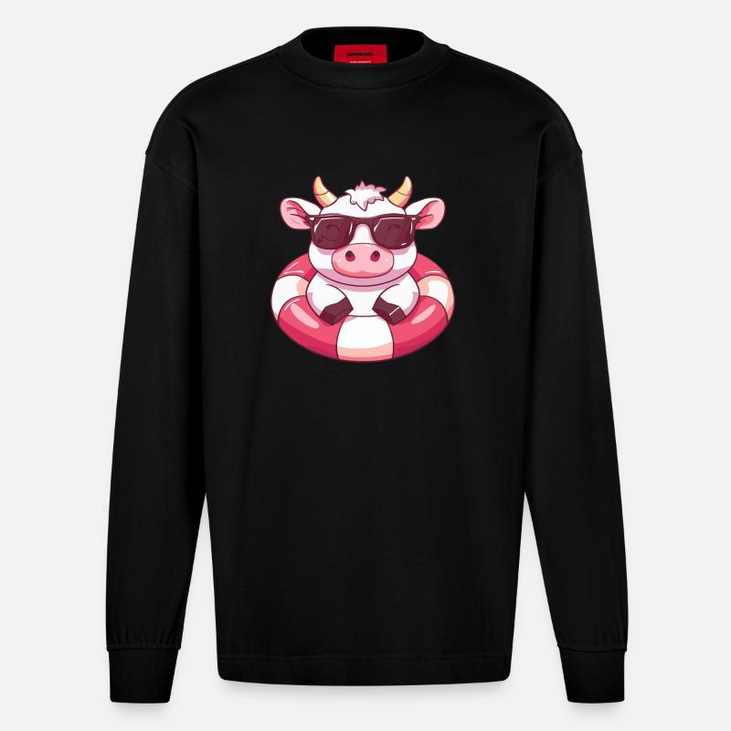 Kuh Sommer Comic - Heavyweight Oversized Organic Langarmshirt Made in EU - SOLID BLACK