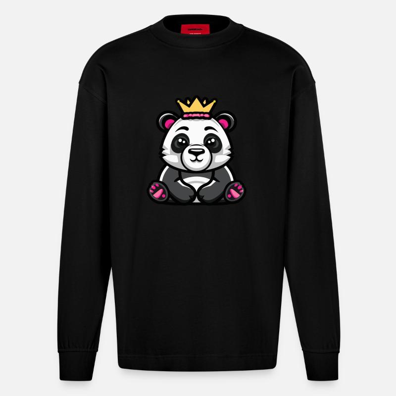 Panda Comic Krone - Heavyweight Oversized Organic Langarmshirt Made in EU - SOLID BLACK