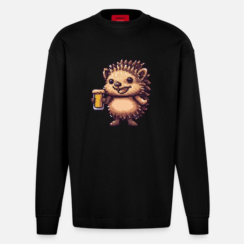 Igel Bier Pixel - Heavyweight Oversized Organic Langarmshirt Made in EU - SOLID BLACK