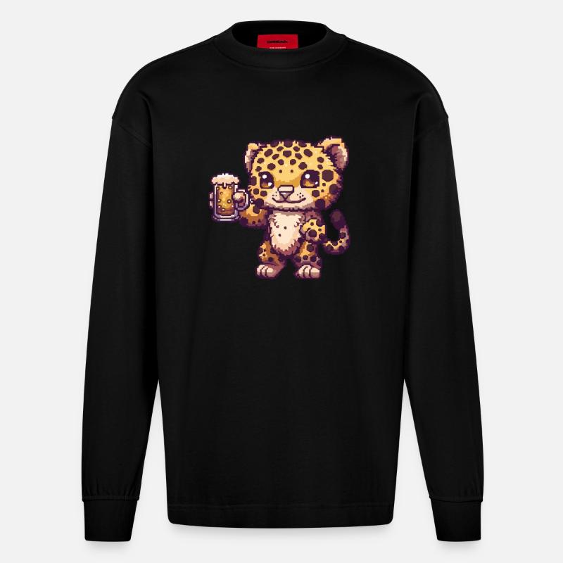 Leopard Bier Pixel - Heavyweight Oversized Organic Langarmshirt Made in EU - SOLID BLACK