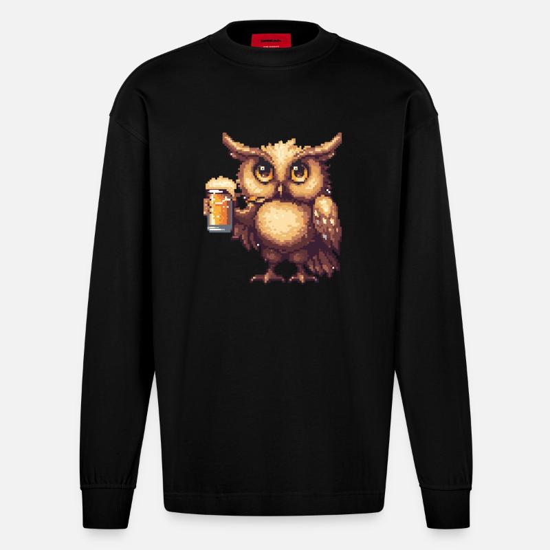 Eule Bier Pixel - Heavyweight Oversized Organic Langarmshirt Made in EU - SOLID BLACK