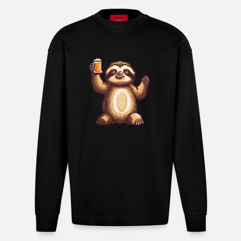 Sloth Beer Pixel - Heavyweight Oversized Organic Longsleeve Shirt Made in EU - SOLID BLACK