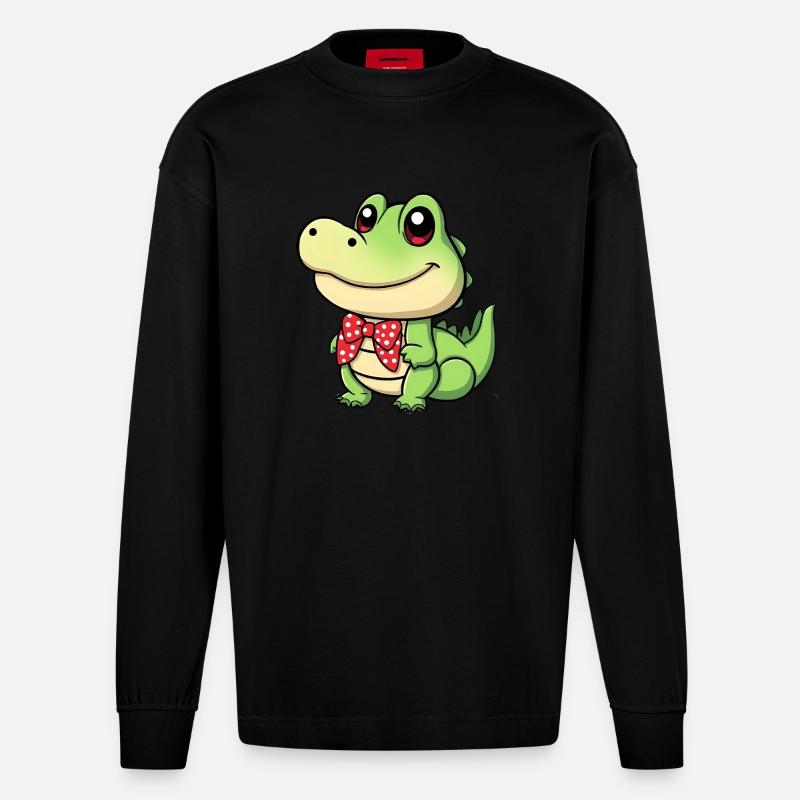 süßes Comic-Krokodil mit roter Krawatte - Heavyweight Oversized Organic Langarmshirt Made in EU - SOLID BLACK