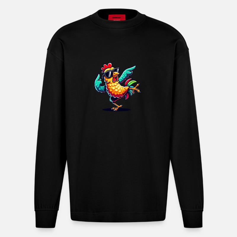 Bande dessinée sur le poulet - Manches longues bio épais oversize fabriqué en UE - SOLID BLACK