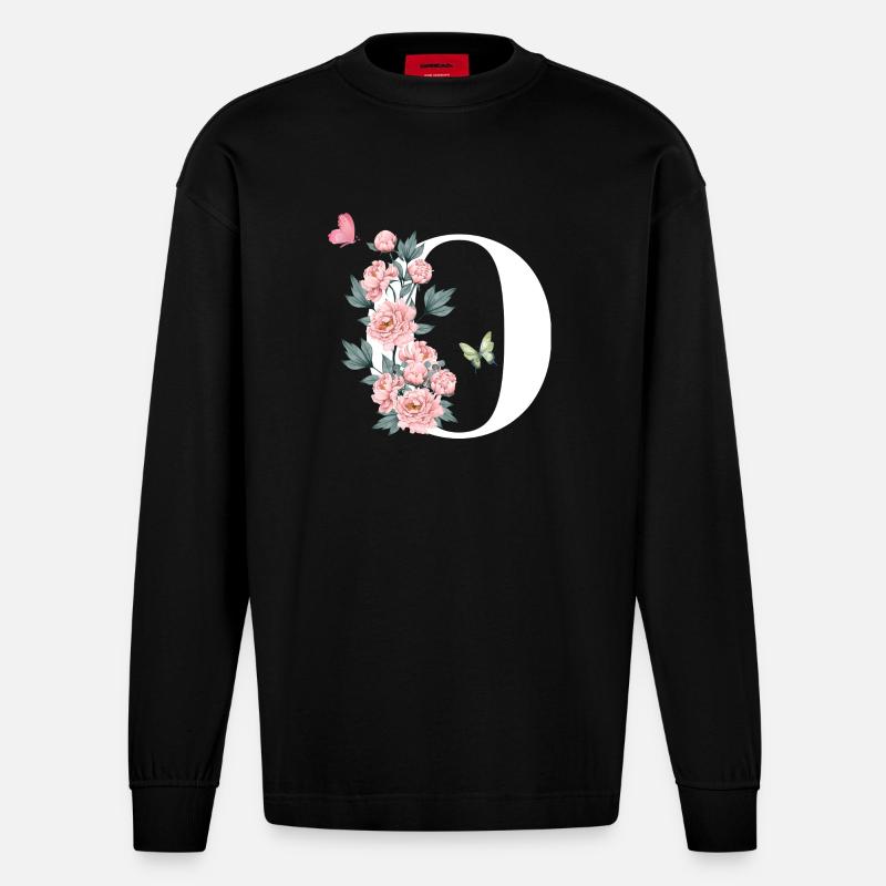 Lettre o fleurs rose - Manches longues bio épais oversize fabriqué en UE - SOLID BLACK