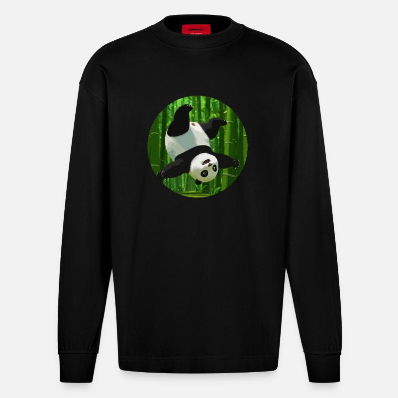 Panda faisant un saut périlleux - Manches longues bio épais oversize fabriqué en UE - SOLID BLACK