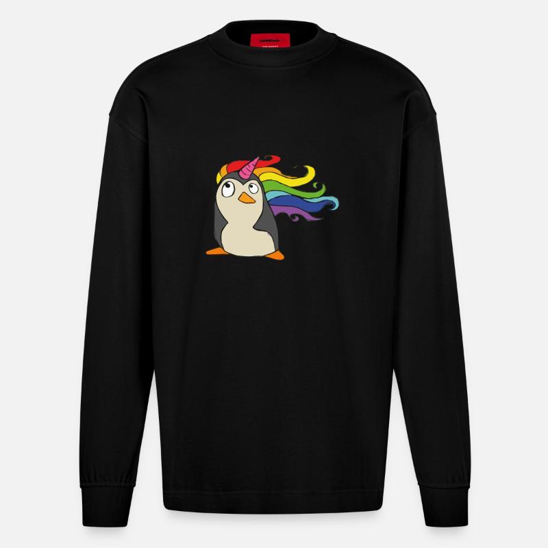 Punguin Einhorn Regenbogen - Heavyweight Oversized Organic Langarmshirt Made in EU - SOLID BLACK