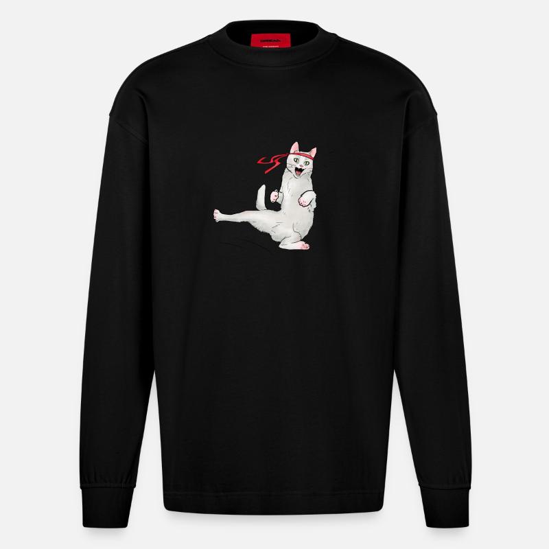Katze beim Karate - Heavyweight Oversized Organic Langarmshirt Made in EU - SOLID BLACK