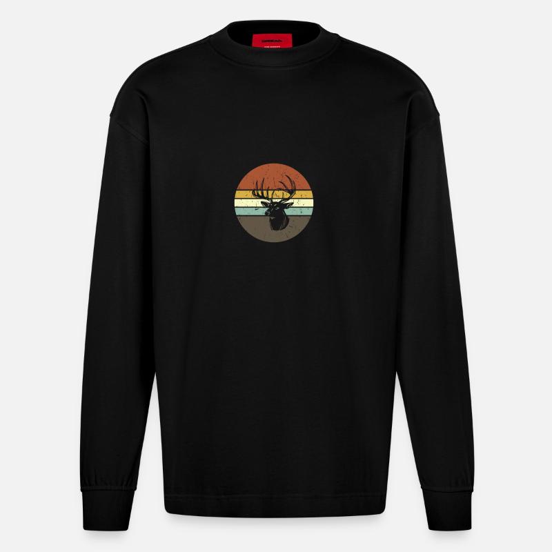 Hirsch Geweihträger Retro - Heavyweight Oversized Organic Langarmshirt Made in EU - SOLID BLACK