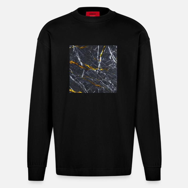 Marmor Schwarz Gold Textur - Heavyweight Oversized Organic Langarmshirt Made in EU - SOLID BLACK