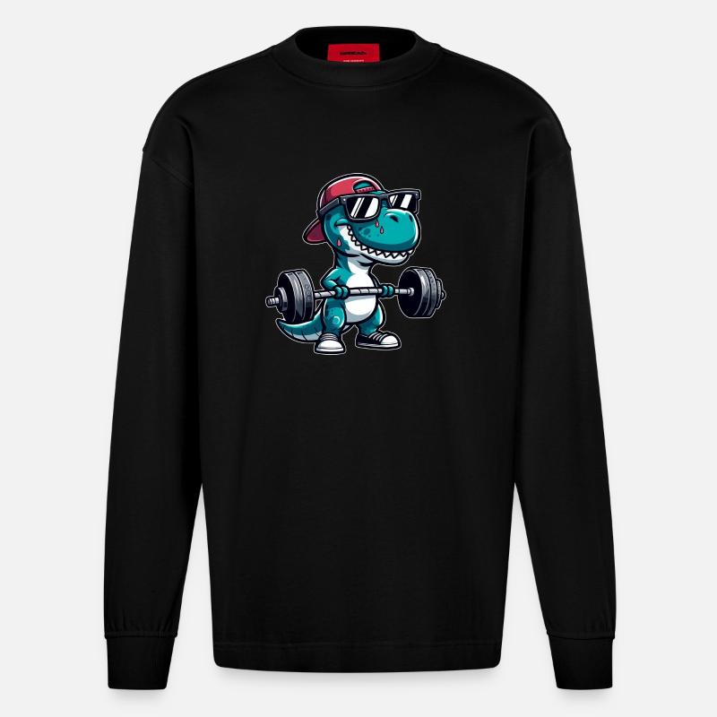 T-Rex Workout Dino Krafttraining - Heavyweight Oversized Organic Langarmshirt Made in EU - SOLID BLACK