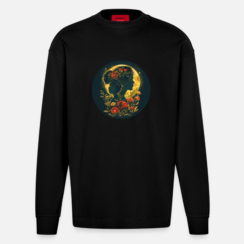 Mutter und Tochter im Mondschein - Heavyweight Oversized Organic Langarmshirt Made in EU - SOLID BLACK