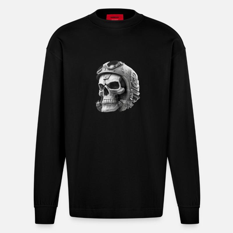 totenschädel mit Helm - Heavyweight Oversized Organic Langarmshirt Made in EU - SOLID BLACK
