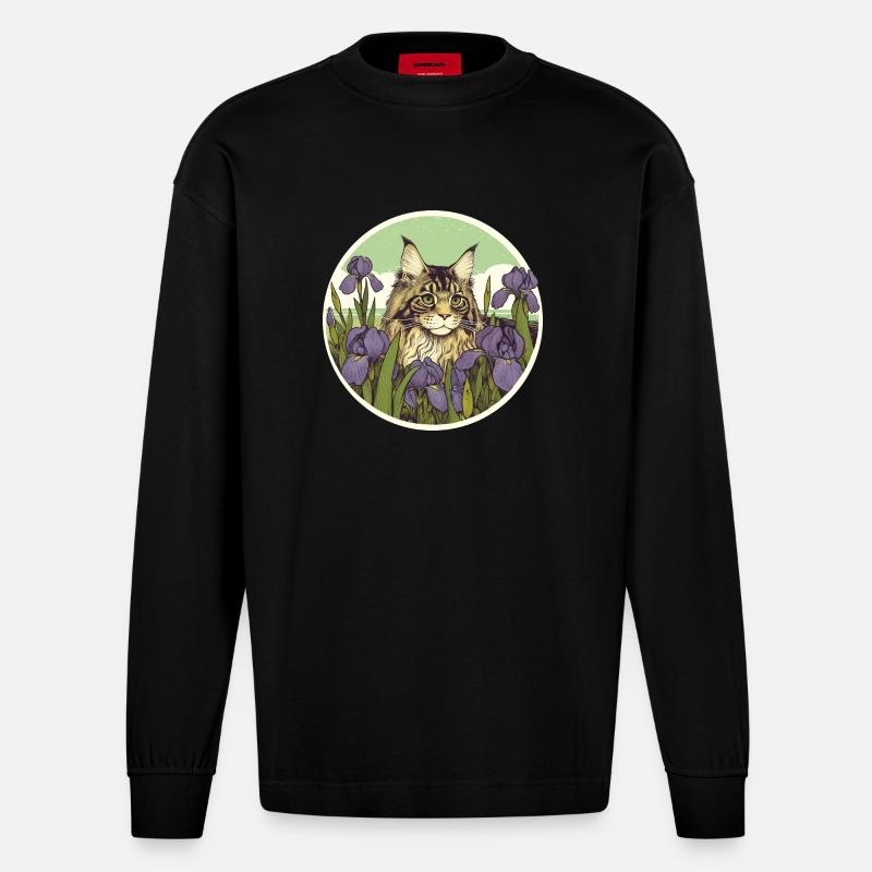 Braun getigerte Katze Iris - Heavyweight Oversized Organic Langarmshirt Made in EU - SOLID BLACK