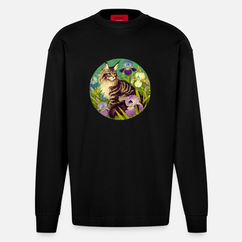Braun getigerte Katze Iris - Heavyweight Oversized Organic Langarmshirt Made in EU - SOLID BLACK