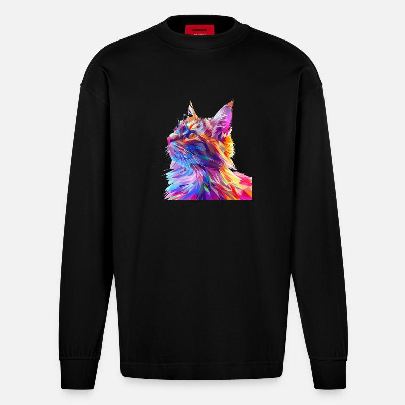Polygon Katze Comic Style - Heavyweight Oversized Organic Langarmshirt Made in EU - SOLID BLACK