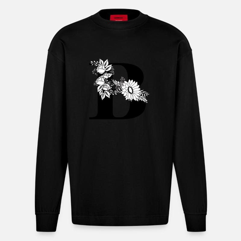 Buchstabe b Blumen schwarz und weiß - Heavyweight Oversized Organic Langarmshirt Made in EU - SOLID BLACK