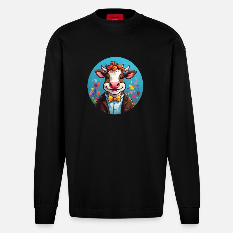 Lustige Kuh Comic - Heavyweight Oversized Organic Langarmshirt Made in EU - SOLID BLACK
