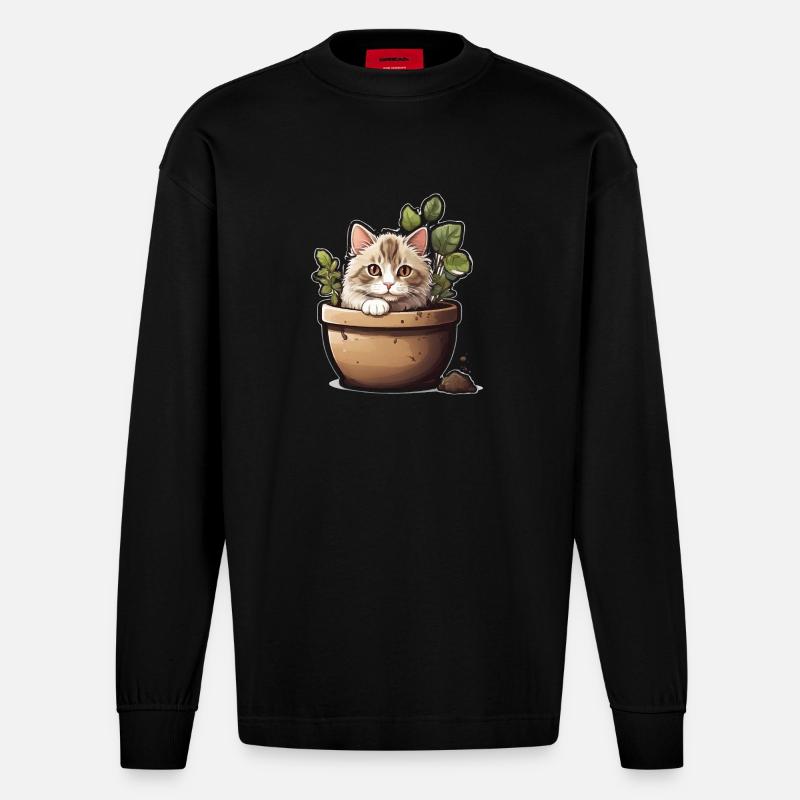 Fleur de chat mignonne - Manches longues bio épais oversize fabriqué en UE - SOLID BLACK