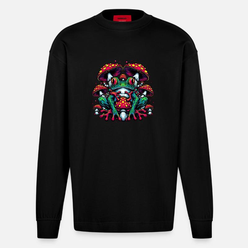 Frog with toadstool - Heavyweight Oversized Organic Longsleeve Shirt Made in EU - SOLID BLACK