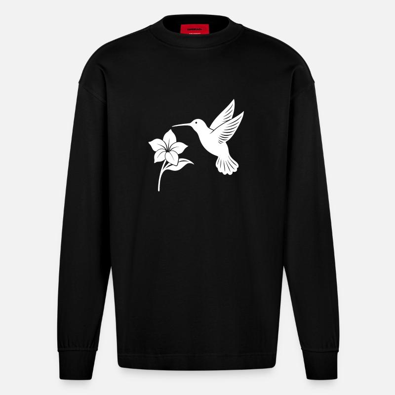 Colibri et fleur - Manches longues bio épais oversize fabriqué en UE - SOLID BLACK
