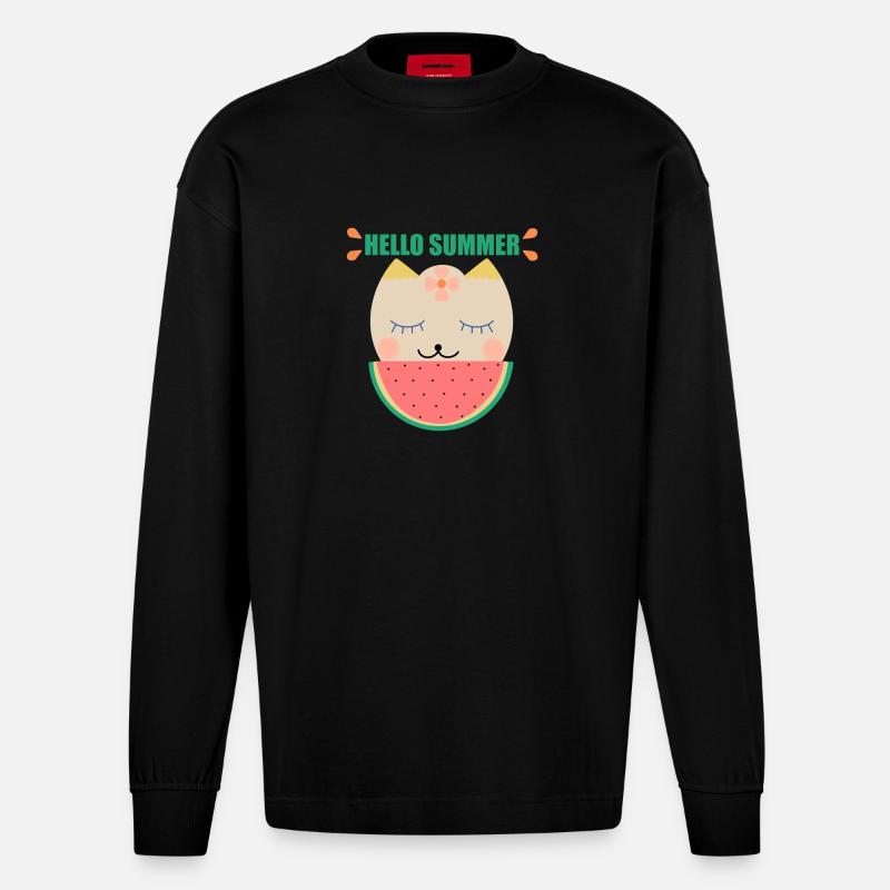 Chat d’été et pastèque - Manches longues bio épais oversize fabriqué en UE - SOLID BLACK