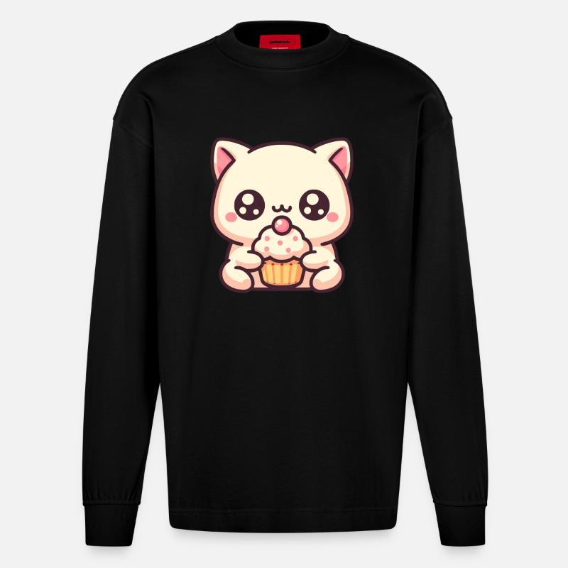 Süße Katze mit cupcake - Heavyweight Oversized Organic Langarmshirt Made in EU - SOLID BLACK