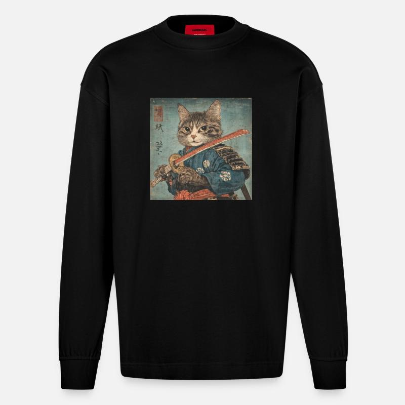 Katze Samurai Japan Ukiyo-E - Heavyweight Oversized Organic Langarmshirt Made in EU - SOLID BLACK