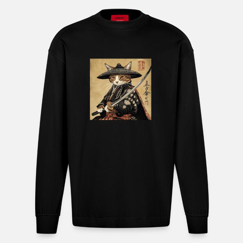 Katze Samurai Japan Ukiyo-E - Heavyweight Oversized Organic Langarmshirt Made in EU - SOLID BLACK